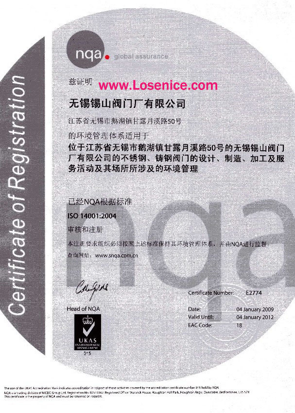 無(wú)錫錫閥ISO 14001:2004